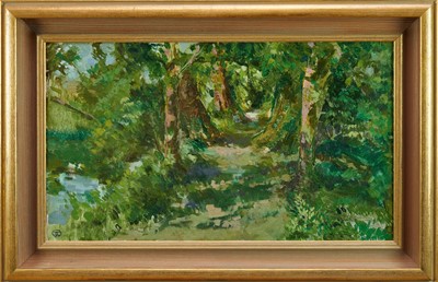 Lot 1403 - *Tom Coates (1941-2023) oil on canvas - Landscape with Trees, initialled, 41cm x 70cm, framed