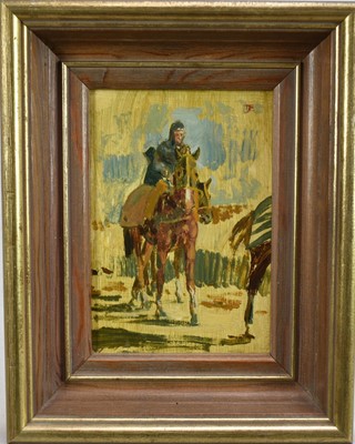 Lot 1401 - *Tom Coates (1941-2023) oil on board - Horse and Rider