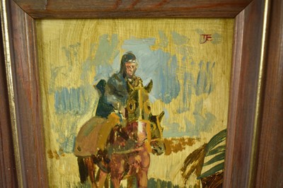 Lot 1401 - *Tom Coates (1941-2023) oil on board - Horse and Rider