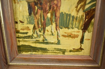 Lot 1401 - *Tom Coates (1941-2023) oil on board - Horse and Rider