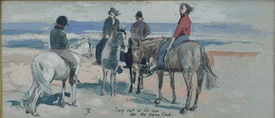 Lot 1402 - *Tom Coates (1941-2023) watercolour - 'Day out at the sea for the Pony Club', initialled and inscribed, 10.5cm x 24.5cm, in glazed frame