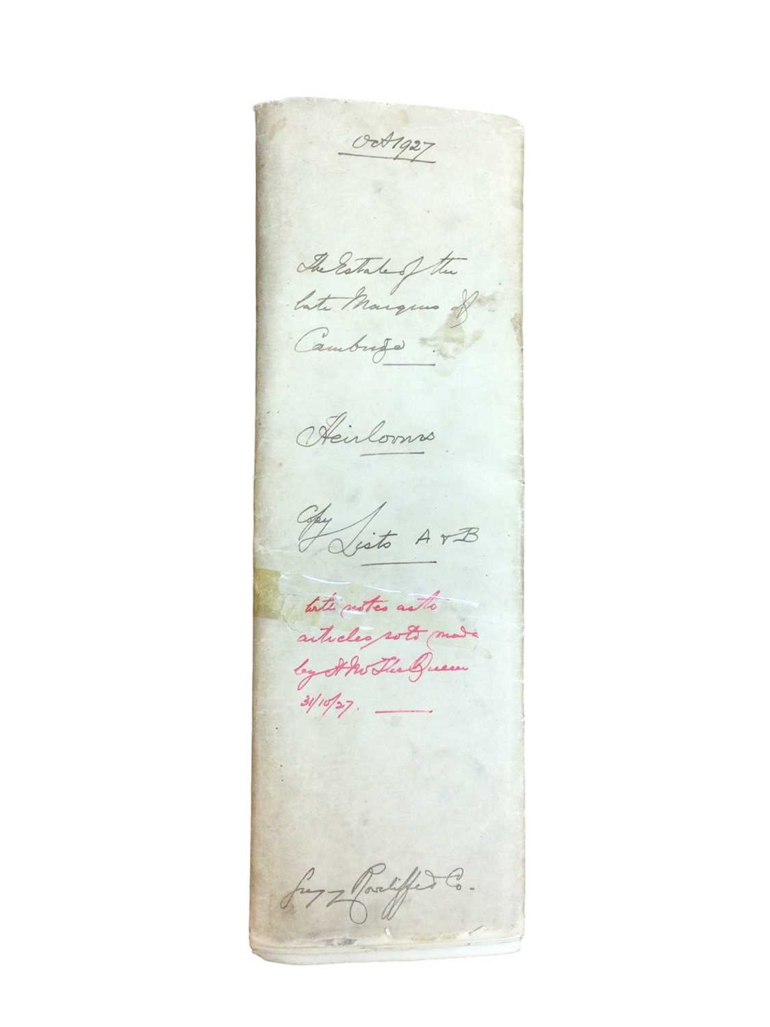 Lot 70 - The Estate of the late Marquess of Cambridge, fascinating typed inventory of Royal Heirlooms October 1927 with annotated hand written notes by H.M.Queen Mary