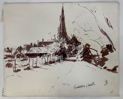 Lot 1405 - *Tom Coates (1941-2023) three sketches, Kimbolton Church, seated female nude and a townscape, 41cm x 51cm, together with a signed limited edition print, Morning Exercise, 34/100, each unframed (4)