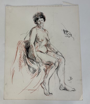 Lot 1405 - *Tom Coates (1941-2023) three sketches, Kimbolton Church, seated female nude and a townscape, 41cm x 51cm, together with a signed limited edition print, Morning Exercise, 34/100, each unframed (4)