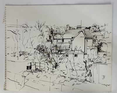 Lot 1405 - *Tom Coates (1941-2023) three sketches, Kimbolton Church, seated female nude and a townscape, 41cm x 51cm, together with a signed limited edition print, Morning Exercise, 34/100, each unframed (4)