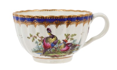 Lot 215 - Worcester fluted teacup, painted with exotic birds, circa 1772