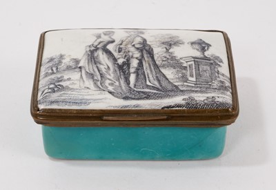 Lot 1006 - Birmingham green ground rectangular box, printed with figures, circa 1770