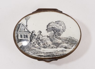 Lot 1087 - An enamel oval box, printed with figures in a landscape, circa 1770