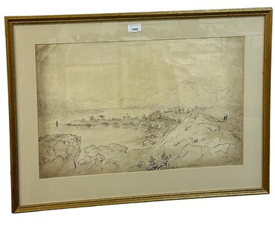 Lot 1544 - Manner of Joseph Mallord William Turner, 1775-1851. Extensive Scottish landscape, “Ben Lamond from Rowardennan”. Ink and wash on paper laid to wove fabric. Titled lower right. In gilt frame with mo...