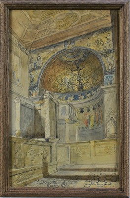 Lot 153 - Alfred Henry Hart, British, 1866-1953. Grand Tour Plein Air watercolour and graphite on paper, interior study of San Clemente al Laterano, Rome. Titled and signed with monogram and dated 25th June...