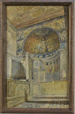 Lot 1536 - Alfred Henry Hart, British, 1866-1953. Grand Tour Plein Air watercolour and graphite on paper, interior study of San Clemente al Laterano, Rome. Titled and signed with monogram and dated 25th June...