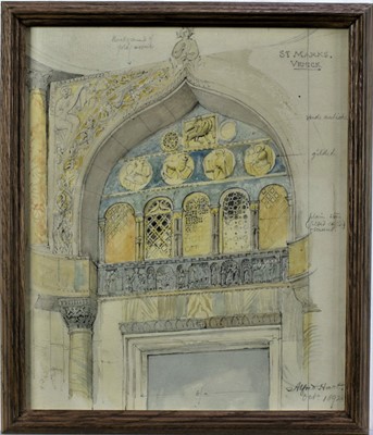 Lot 154 - Alfred Henry Hart, British, 1866-1953. Grand Tour Plein Air watercolour and graphite on paper, interior study of St Marks Basilica, Venice, with working annotations. Titled upper right, signed and...