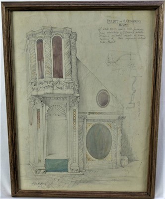 Lot 1534 - Alfred Henry Hart, British, 1866-1953. Grand Tour Plein Air watercolour and graphite on paper, annotated interior study of the marble pulpit of San Cesareo in Palatio, Rome. Titled upper right with...