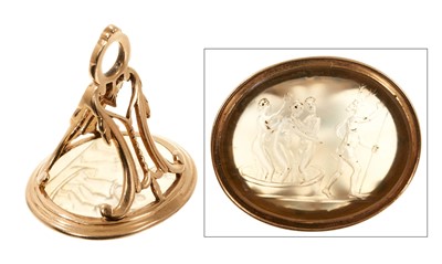 Lot 811 - George III yellow gold fob seal, containing an 18th century or earlier chalcedony intaglio depicting Diana bathing with nymphs and Acteon transformed as a stag.