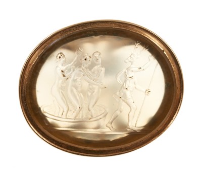 Lot 811 - George III yellow gold fob seal, containing an 18th century or earlier chalcedony intaglio depicting Diana bathing with nymphs and Acteon transformed as a stag.