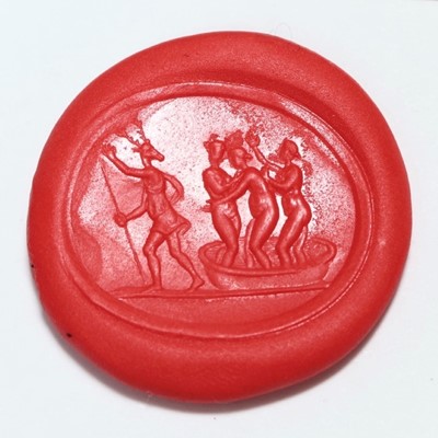 Lot 811 - George III yellow gold fob seal, containing an 18th century or earlier chalcedony intaglio depicting Diana bathing with nymphs and Acteon transformed as a stag.