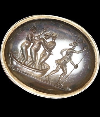 Lot 811 - George III yellow gold fob seal, containing an 18th century or earlier chalcedony intaglio depicting Diana bathing with nymphs and Acteon transformed as a stag.