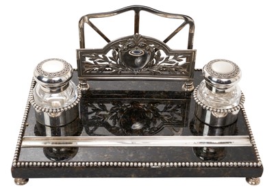 Lot 495 - Contemporary Portuguese silver mounted, black marble inkstand, of rectangular form