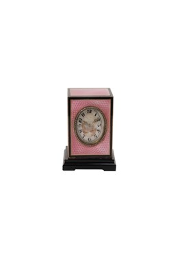 Lot 594 - Good quality 1920s silver gilt and pink enamel miniature table clock