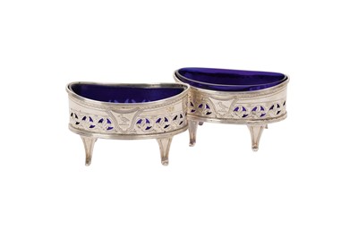 Lot 74 - Pair of silver oval pierced salt cellars, blue glass liners