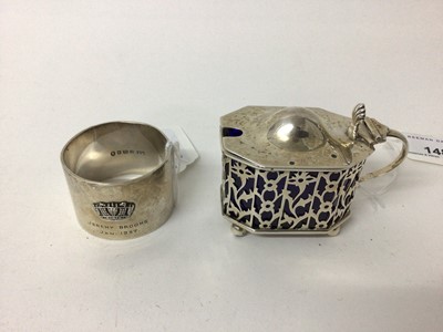 Lot 148 - Silver pierced mustard pot and a silver napkin ring