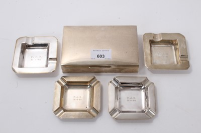 Lot 603 - Four square engine turned ashtrays and a silver cigarette box