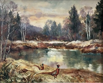 Lot 179 - B.Muller, oil on board, Pheasants by a lake, indistinctly signed, 23cm x 29cm, framed