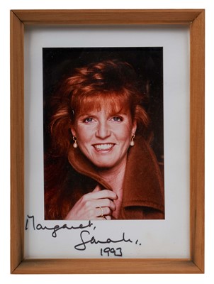 Lot 75 - Sarah Duchess of York, signed presentation colour portrait photograph inscribed 'Margaret, Sarah 1993' in glazed frame 19 x 14cm