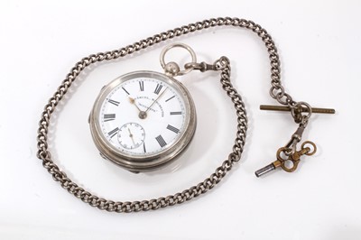 Lot 895 - Silver Samuel Manchester open face pocket watch on silver chain with key