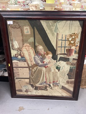 Lot 264 - Framed Victorian woolwork tapestry of a grandmother teaching her granddaughter to sew