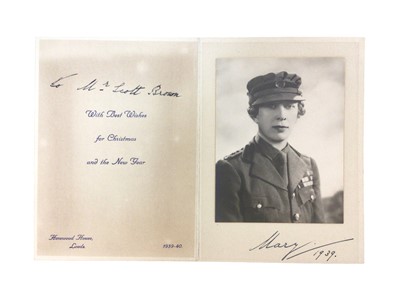 Lot 79 - H.R.H. Princess Mary The Princess Royal and Countess of Harewood, signed 1939 wartime Christmas card with portrait photograph of the Princess in military uniform signed in ink 'Mary 1939'