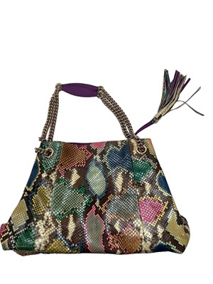 Lot 2073 - Gucci multicoloured python tote bag with removable tassel and chain shoulder strap, interlocking GG logo stitching.  Soft bag and paper carrier bag both Gucci. 308982  001998