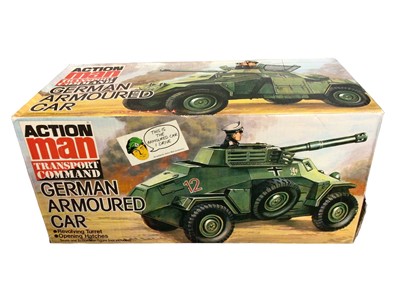 Lot 85 - Palitoy Action Man German Arrmoured Car with revolving turret & opening hatches, boxed with internal packaging & Poster (1)