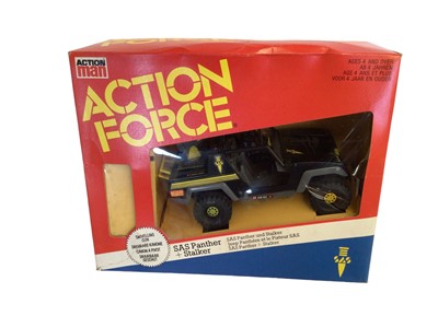 Lot 90 - Palitoy Action Man Action Force SAS Panther & Stalker (rip to top of box), Z Force Rapid Fire Motorcycle & Quarrel and Silent Attack canoeist, all boxed (3)