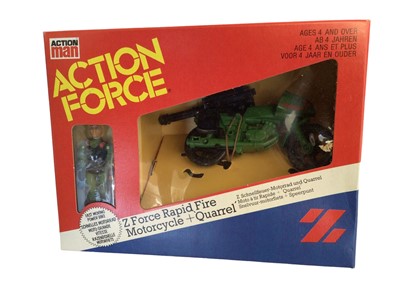 Lot 90 - Palitoy Action Man Action Force SAS Panther & Stalker (rip to top of box), Z Force Rapid Fire Motorcycle & Quarrel and Silent Attack canoeist, all boxed (3)