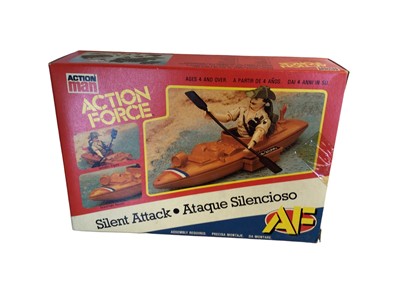 Lot 90 - Palitoy Action Man Action Force SAS Panther & Stalker (rip to top of box), Z Force Rapid Fire Motorcycle & Quarrel and Silent Attack canoeist, all boxed (3)