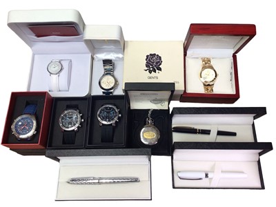 Lot 247 - Group of wristwatches including Morphic, Rachel Galley, Klaus-Kobec England Rugby World Champions 2003, England football watch, pocket watch and three Azarine pens, all boxed