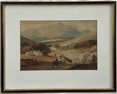 Lot 181 - Follower of George Turner, watercolour, A farmer on horseback with cattle and farm buildings, 19.5cm x 30.5cm, in glazed frame