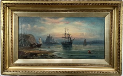 Lot 184 - Attributed to William Thornley, a pair, oil on canvas, Mont St Michel and coastal shipping and fisherfolk under a dying sun, bears false signature H.B. Davis and a Coastal scene with a sailing ship...