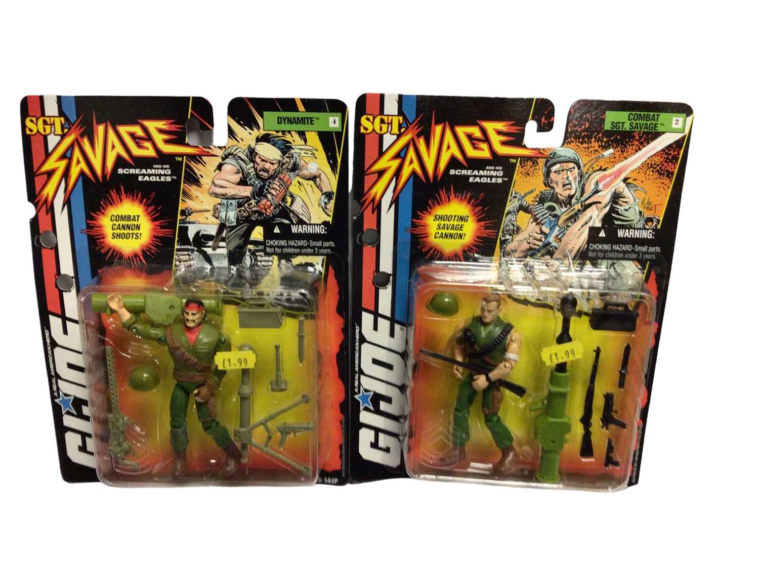 Lot 225 - Hasbro c1994 GI Joe Sgt Savage and his screaming eagles 4 1/2" action figures Combat Sgt Savage, Dynamite, Jet-Pack General Blitz, General Blitz, Urban Attack Dynamite & D-Day No.s16603, all on car...