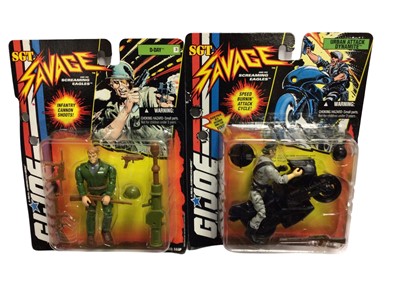 Lot 225 - Hasbro c1994 GI Joe Sgt Savage and his screaming eagles 4 1/2" action figures Combat Sgt Savage, Dynamite, Jet-Pack General Blitz, General Blitz, Urban Attack Dynamite & D-Day No.s16603, all on car...