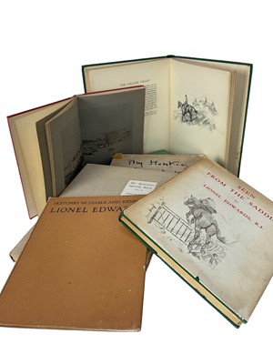 Lot 1192 - Lionel Edwards: eight illustrated volumes, Seen from the Saddle (2 copies), Sport in War, A Sportsman's Bag, My Hunting Sketchbook Vol. I & II, Sketches in Stable and Kennel and The Wiles of The Fo...