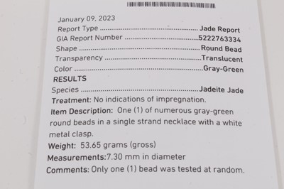 Lot 806 - Jadeite jade bead necklace with a string of 7.1-7.5mm spherical beads accompanied by a GIA certificate stating no indications of impregnation/treatment. 54cm length.