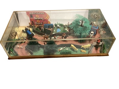 Lot 177 - Britains Super Toys Diarama with Hunting & Farm Yard Theme, in Perspex display cabinet 27" x 13" x 6 1/2" high (case has stress fracture in one corner (1)