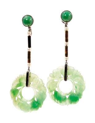 Lot 804 - Pair of Art Deco French earrings with a carved and pierced green jade ring suspended from tubular black onyx bars with pearl spacers and a further green jade cabochon in white metal setting with sc...