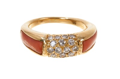 Lot 810 - Van Cleef & Arpels diamond and coral ring with a central section of nineteen pavé set diamonds flanked by two tapered coral shoulders on a tapered 18ct gold shank, signed VCA, numbered 5V308.193, r...