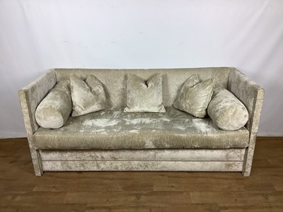 Lot 1597 - Three seater sofa, of square form with stud closed velvet upholstery, 189cm long