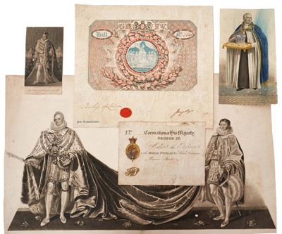 Lot 101 - The Coronation of H.M. King George IV 1821, scarce entrance ticket with embossed decoration No. 3646 with Royal Seal and signed by the Bishop of London, Scarce Entrance ticket for the Coronation to...