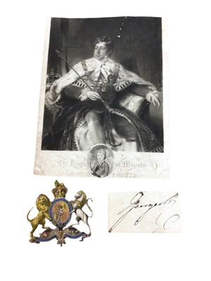 Lot 102 - H.M. King George IV, signature of the King in ink on document fragment, hand tinted Royal Arms of King George IV, various engravings and portraits of the King