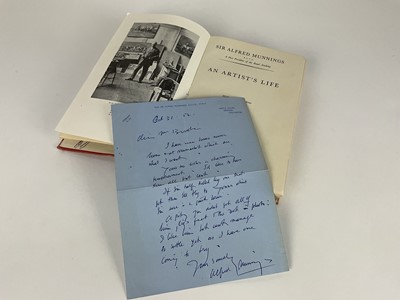 Lot 1201 - Sir Alfred Munnings (1878-1959) hand written letter on Castle House headed paper dated October 31st 1952, "Dear Mr Brooke, I have seen horses nearer home & at Newmarket which are what I want. Yours...